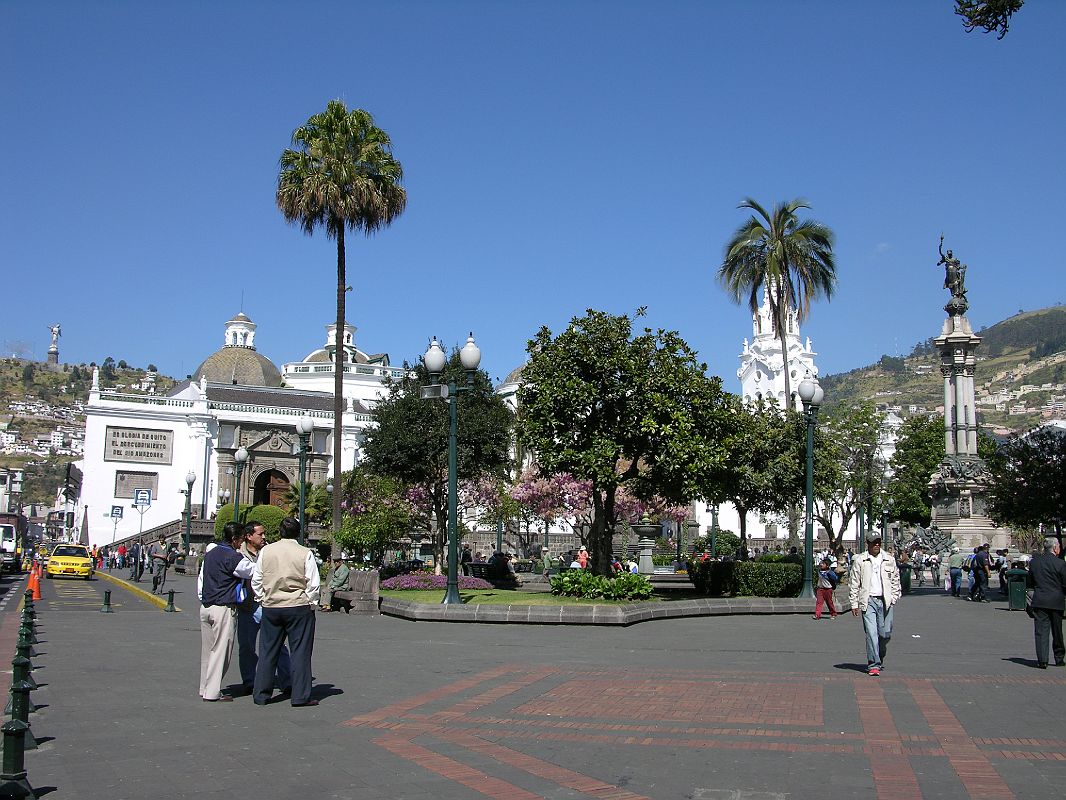 Ecuador Quito 02-03 Old Quito Plaza Grande Cathedral and Virgin On El Panecillo